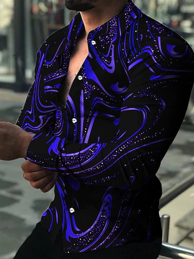 Fashion Men's Designer Starry Sky Purple Blue Gold Luxury Social Men's Shirt Lapel Large Size Casual Dot Print Long Sleeve Top