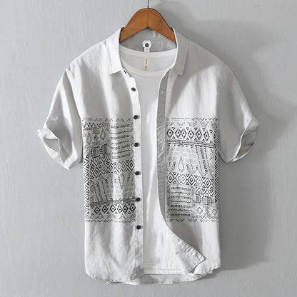 Designer new Chinese style cotton Linen shirt men short sleeve white print shirts for men retro breathable mens clothing tops