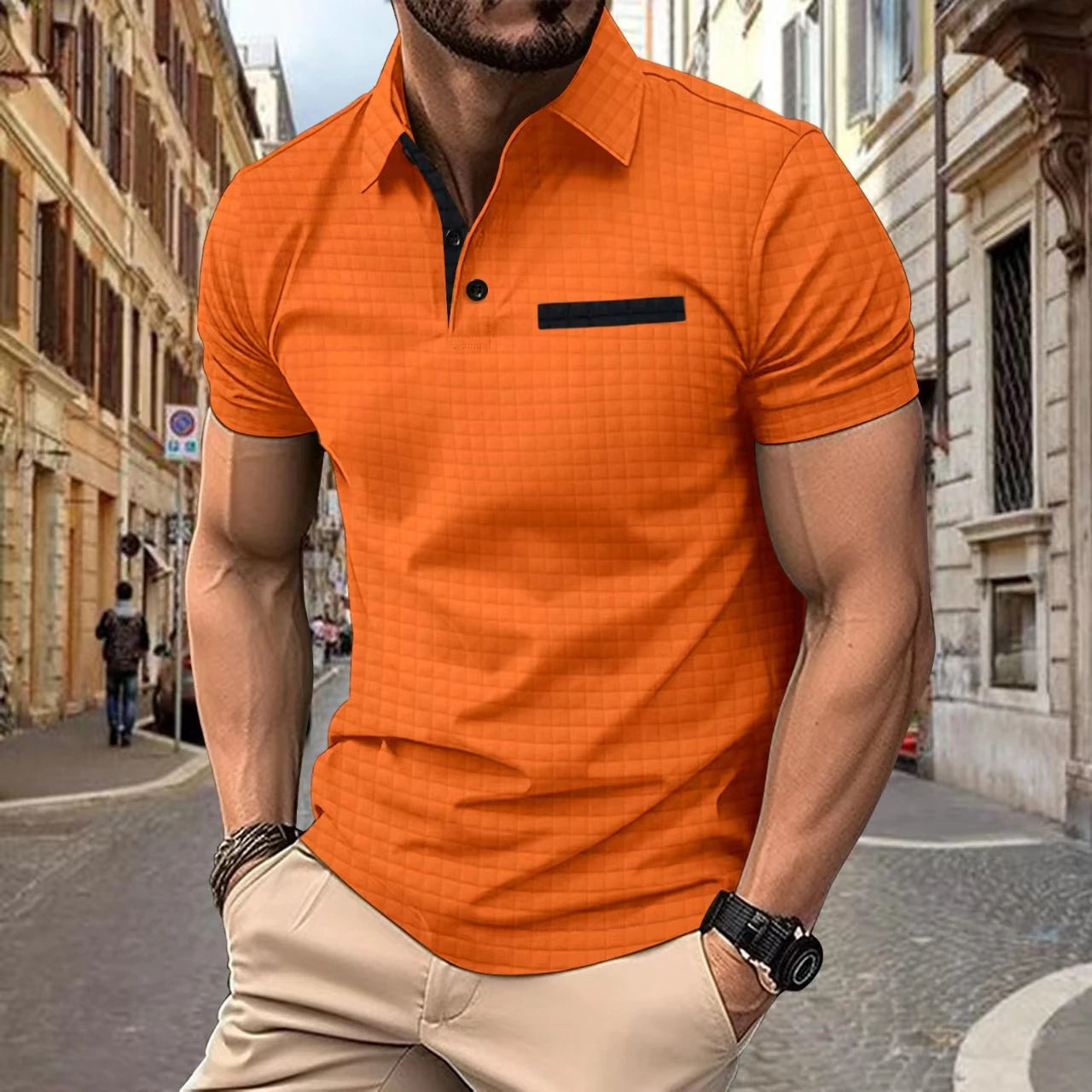 Summer new men's POLO shirt outdoor casual solid-color checkered false pocket design breathable lapel short-sleeved top