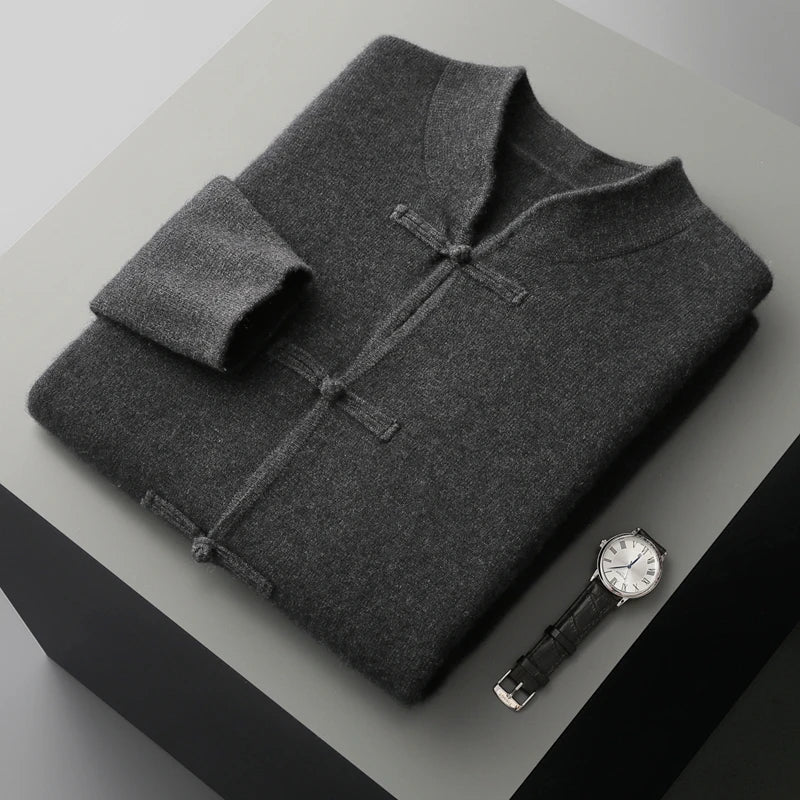 Autumn and winter new 100% merino wool men's cardigan retro Tang suit casual cashmere sweater knitted padded jacket