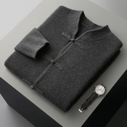Autumn and winter new 100% merino wool men's cardigan retro Tang suit casual cashmere sweater knitted padded jacket