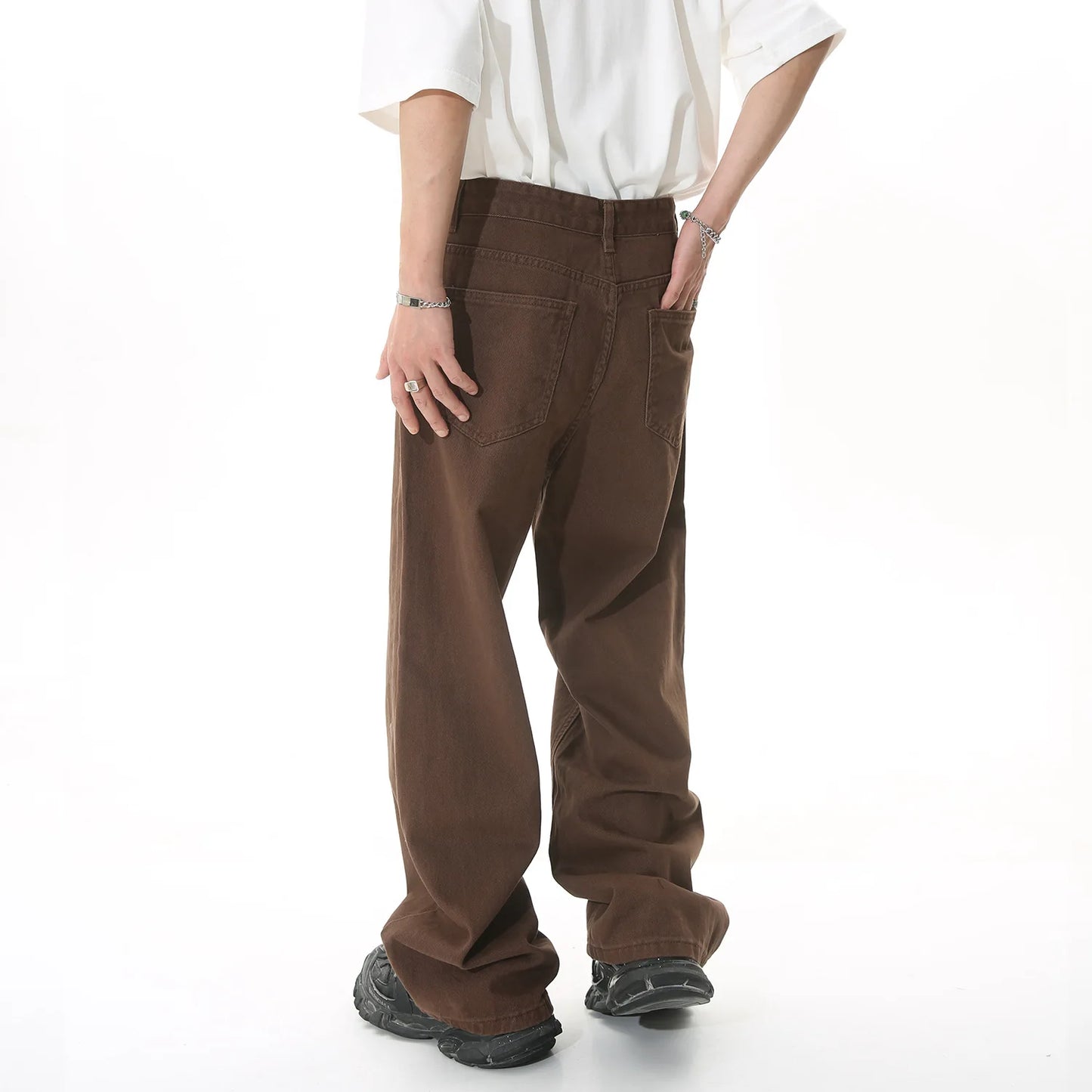 2025 Apricot black Men's Wear New Coffee Casual Denim Trousers Spring Loose Simple Vintage Wide Leg Male Jeans Korean Fashion