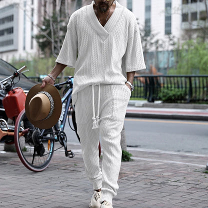 New European and American Casual Loose Three-Quarter Sleeve Jacquard Knitwear Top Plus Pants Men's Casual Personalit