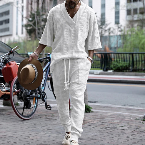New European and American Casual Loose Three-Quarter Sleeve Jacquard Knitwear Top Plus Pants Men's Casual Personalit