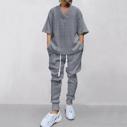 New European and American Casual Loose Three-Quarter Sleeve Jacquard Knitwear Top Plus Pants Men's Casual Personalit
