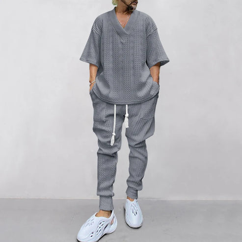 New European and American Casual Loose Three-Quarter Sleeve Jacquard Knitwear Top Plus Pants Men's Casual Personalit