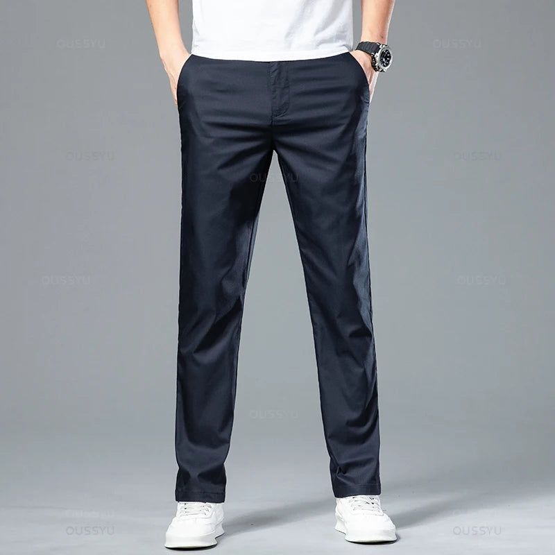 New Summer Cosy Soft Bamboo Fiber Straight Suit Pants Men Business Stretch Thin Navy Blue Casual Trousers Male Large Size 40 42