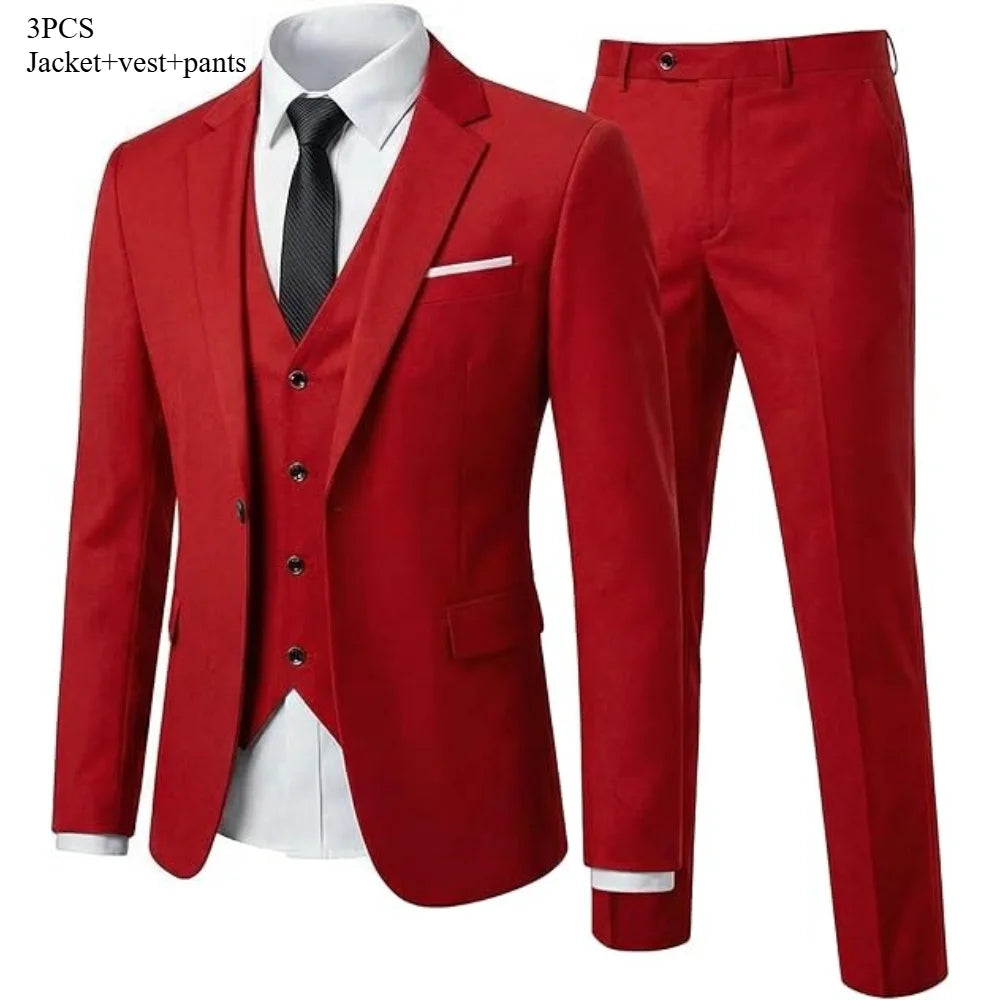 Men's 3 Piece Suit Set Solid Color for Wedding Formal Business Dress Blazer Vest Pants Classic Tuxedo Party Groomsmen