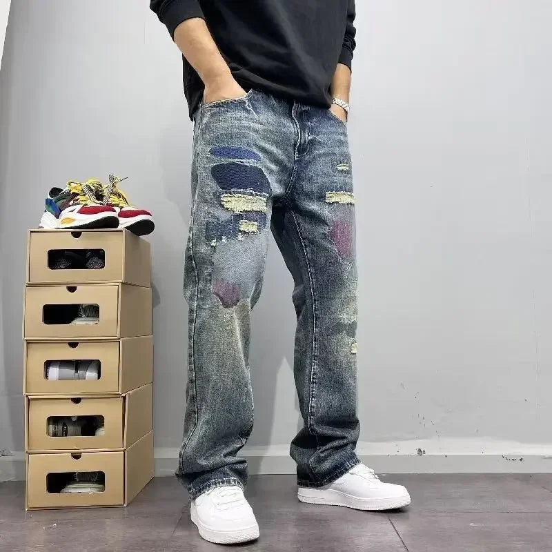 2025 Summer American Retro Loose Straight Leg Jeans for Men with Torn Holes, Patch Fabric, Versatile Long Pants in Blue