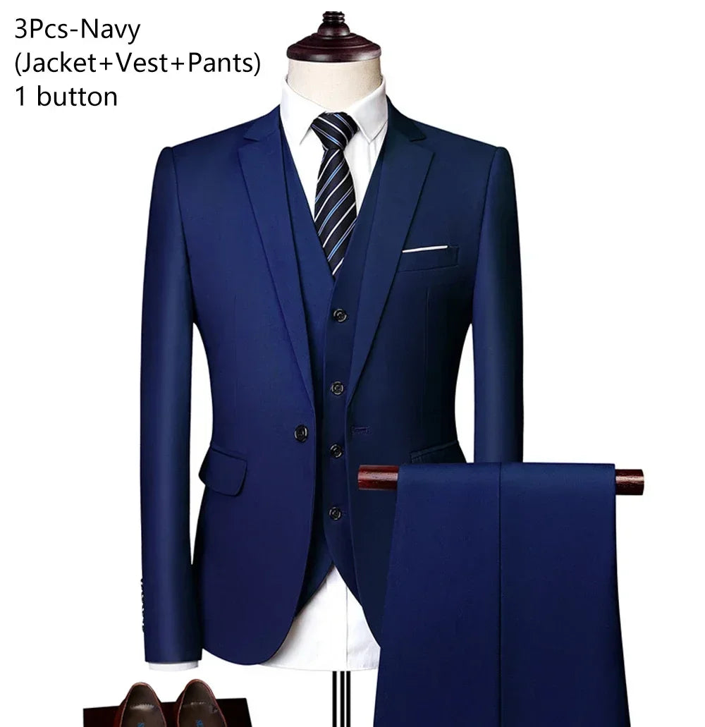 Men's 3 Piece Suit Set Solid Color for Wedding Formal Business Dress Blazer Vest Pants Classic Tuxedo Party Groomsmen