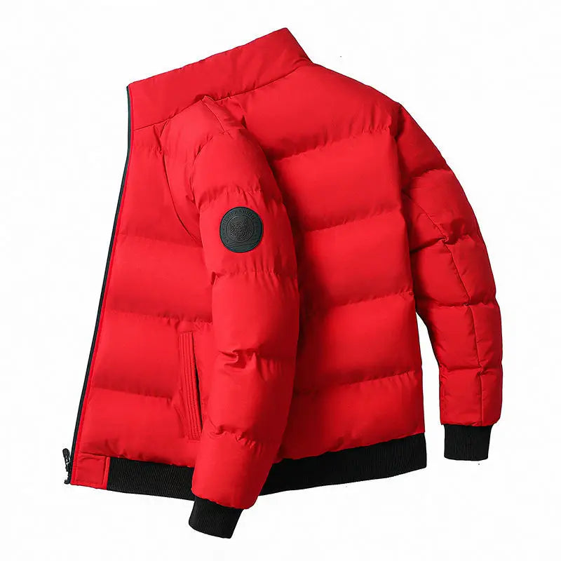 Men's Winter Thickened Short Cotton Jacket Stand Collar Loose Casual Fashionable Polyester Fiber Zipper Closure Solid Color