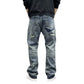 2025 Summer American Retro Loose Straight Leg Jeans for Men with Torn Holes, Patch Fabric, Versatile Long Pants in Blue