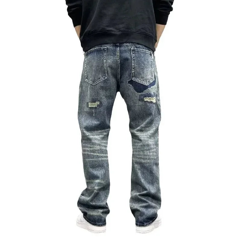 2025 Summer American Retro Loose Straight Leg Jeans for Men with Torn Holes, Patch Fabric, Versatile Long Pants in Blue