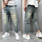 2025 Summer American Retro Loose Straight Leg Jeans for Men with Torn Holes, Patch Fabric, Versatile Long Pants in Blue