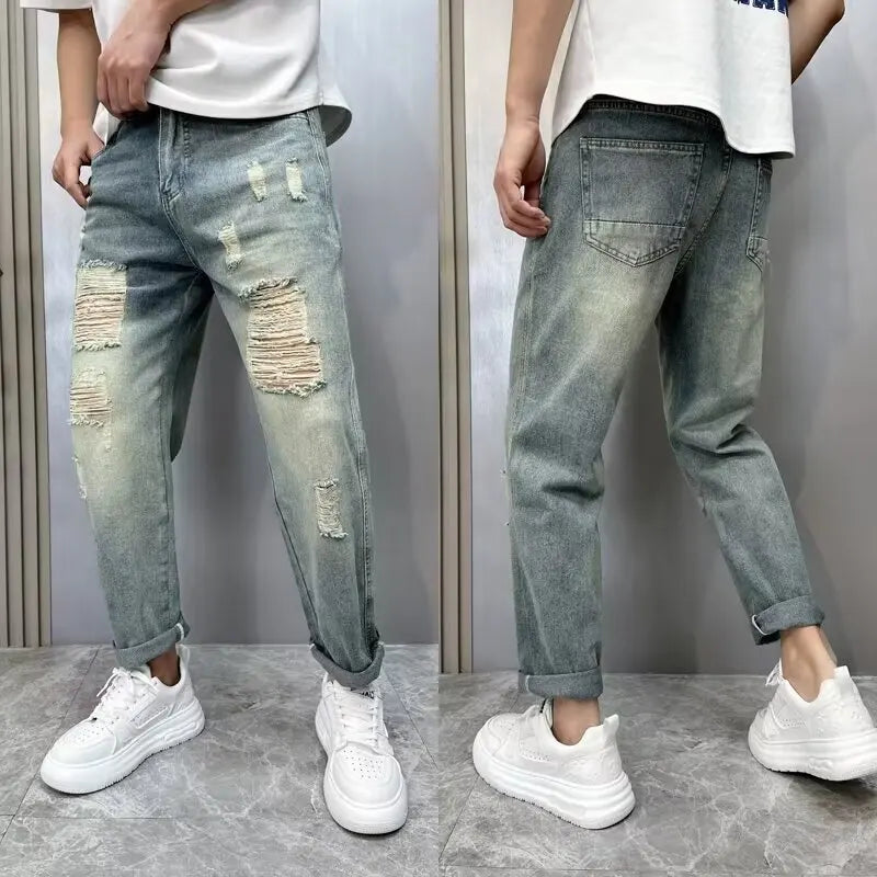 2025 Summer American Retro Loose Straight Leg Jeans for Men with Torn Holes, Patch Fabric, Versatile Long Pants in Blue
