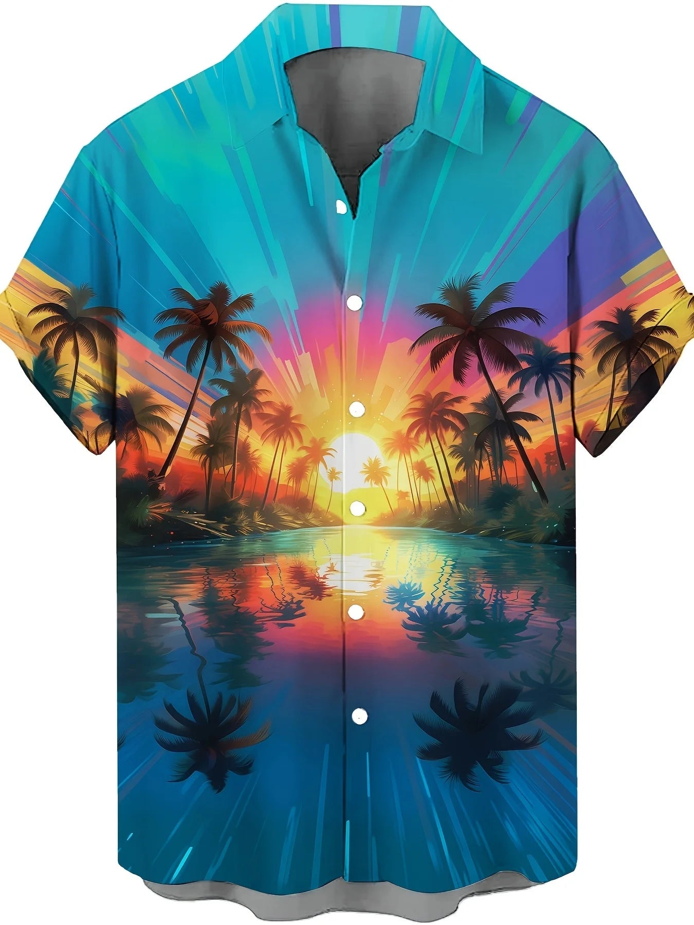 Men's Hawaiian Shirts Summer Casual Hawaiian Palm Tree Landscape Print Button Lapel Short Sleeve Shirts Men's Short Sleeve Shirt
