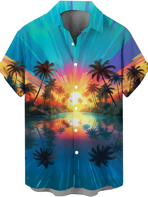 Men's Hawaiian Shirts Summer Casual Hawaiian Palm Tree Landscape Print Button Lapel Short Sleeve Shirts Men's Short Sleeve Shirt