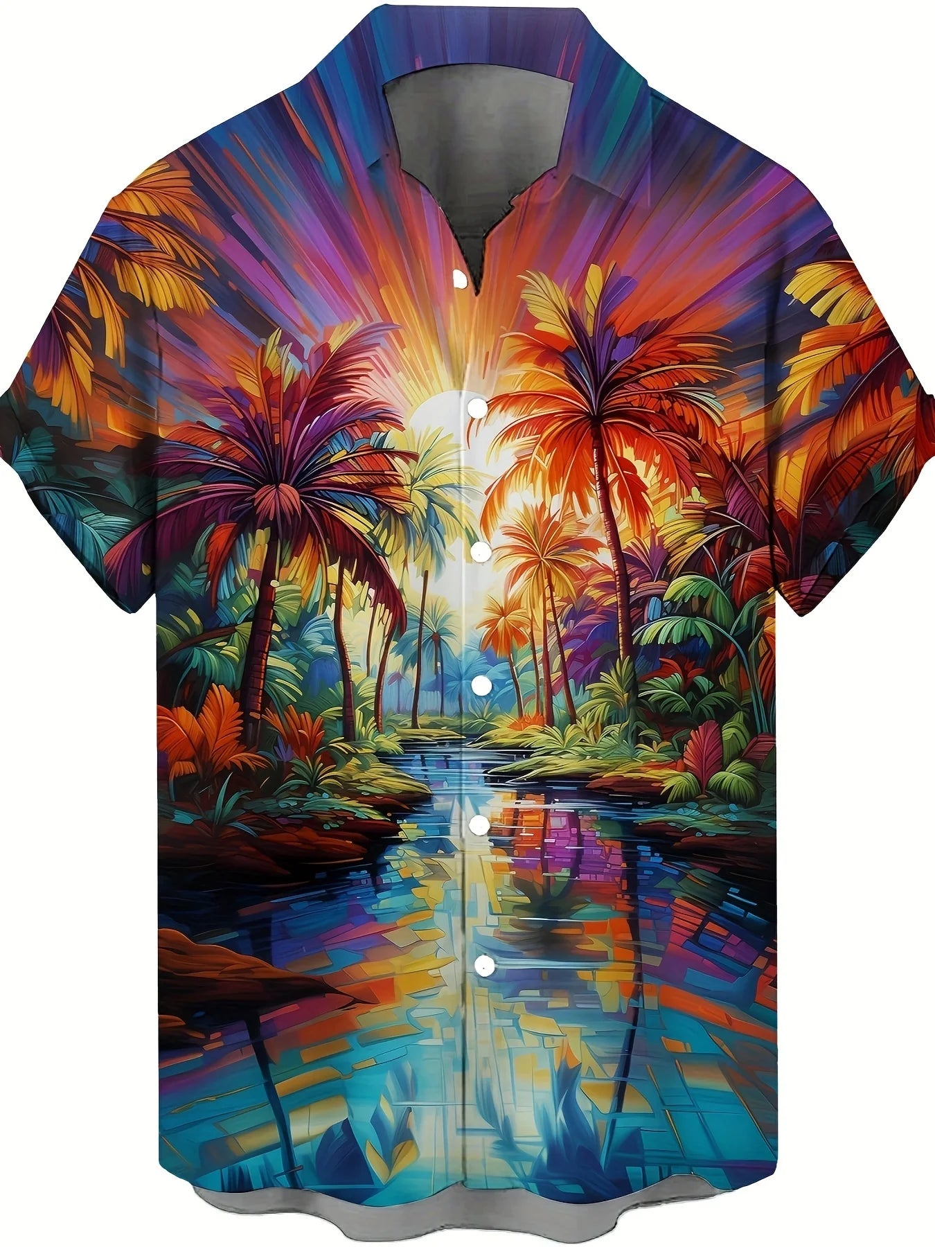 Men's Hawaiian Shirts Summer Casual Hawaiian Palm Tree Landscape Print Button Lapel Short Sleeve Shirts Men's Short Sleeve Shirt