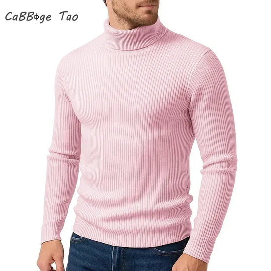 Winter New Style Men's Long-sleeved High-neck Casual Slim-fitting Knitted Pullover Warm and Comfortable Striped Jacket Top