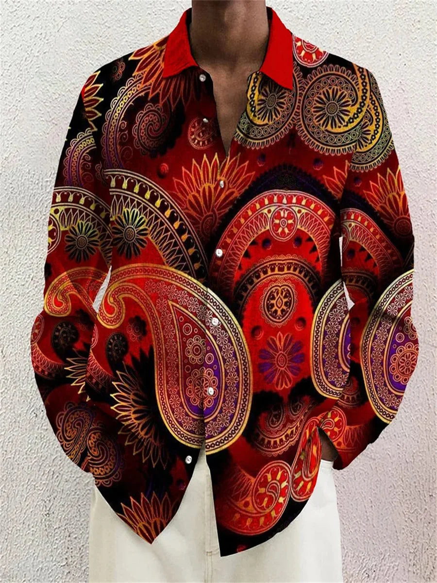 Men's Shirt Long Sleeve Lapel Loose Casual Outdoor Spring Summer High Quality Material Map Stitching Plaid 3D Printing Plus Size