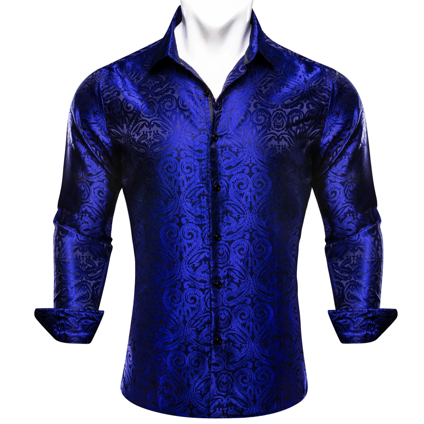 Designer Silk Shirts for Men Blue Gold Green Red White Black Paisley Embroidered Slim Fit Male Blouses Casual Long Sleeve