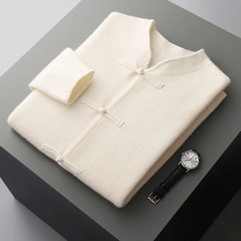 Autumn and winter new 100% merino wool men's cardigan retro Tang suit casual cashmere sweater knitted padded jacket
