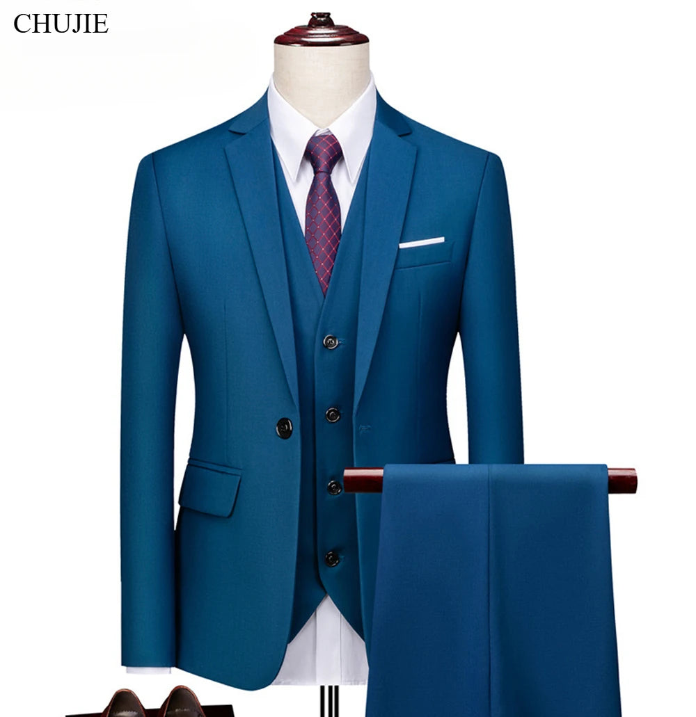 Men's 3 Piece Suit Set Solid Color for Wedding Formal Business Dress Blazer Vest Pants Classic Tuxedo Party Groomsmen