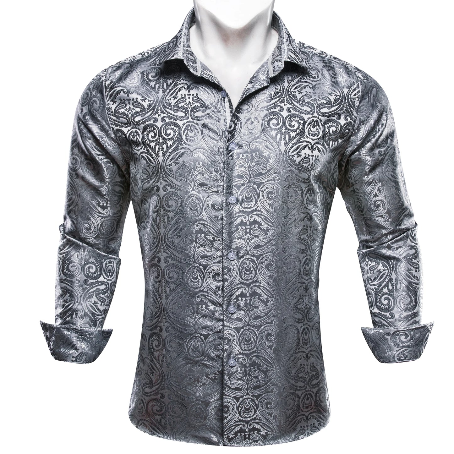 Designer Silk Shirts for Men Blue Gold Green Red White Black Paisley Embroidered Slim Fit Male Blouses Casual Long Sleeve