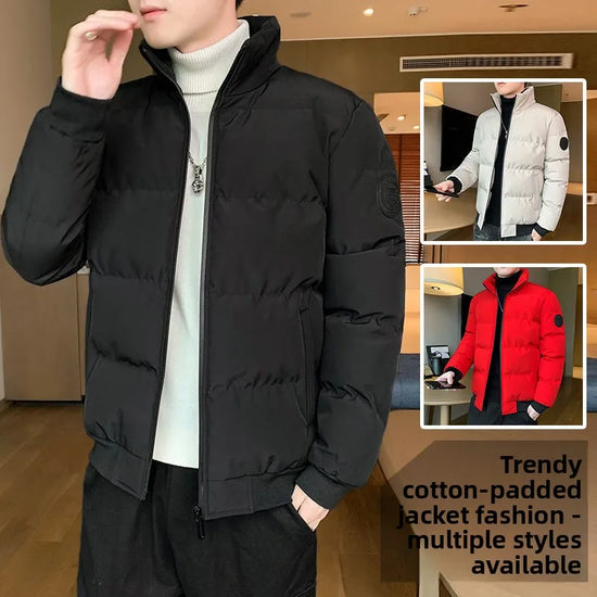 Men's Winter Thickened Short Cotton Jacket Stand Collar Loose Casual Fashionable Polyester Fiber Zipper Closure Solid Color