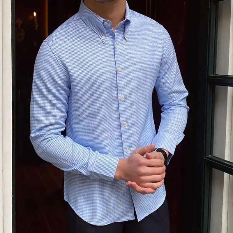 British Fashion Slim Shirt Trend Men Shirt Office Tuxedo Shirt Social Business Lattice Shirts Men Cuba Collar Long Sleeve Shirt