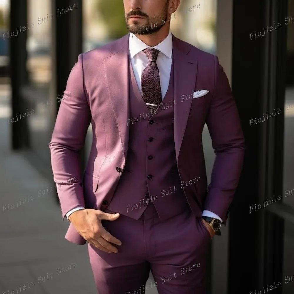 New Beige Business Suit Men Tuxedos Groom Groomsman Prom Wedding Party Formal 3 Piece Set Jacket Vest Pants