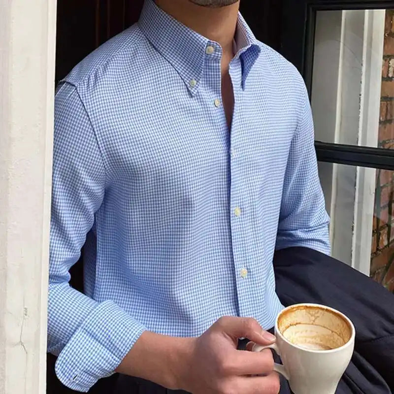 British Fashion Slim Shirt Trend Men Shirt Office Tuxedo Shirt Social Business Lattice Shirts Men Cuba Collar Long Sleeve Shirt