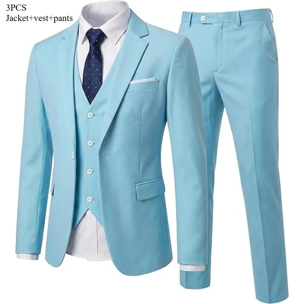 Men's 3 Piece Suit Set Solid Color for Wedding Formal Business Dress Blazer Vest Pants Classic Tuxedo Party Groomsmen