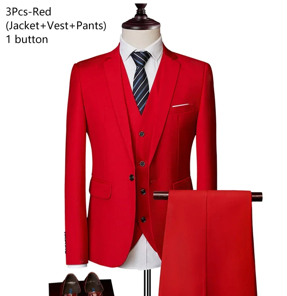 Men's 3 Piece Suit Set Solid Color for Wedding Formal Business Dress Blazer Vest Pants Classic Tuxedo Party Groomsmen