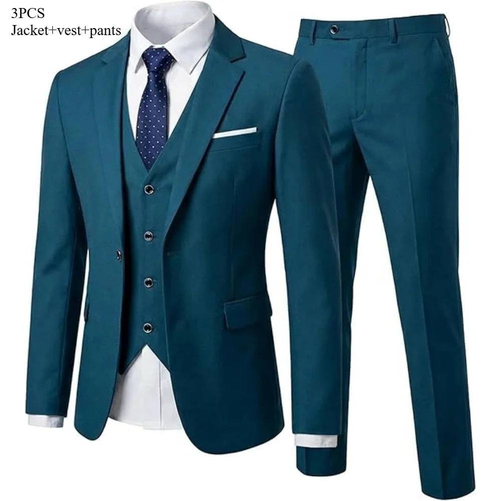 Men's 3 Piece Suit Set Solid Color for Wedding Formal Business Dress Blazer Vest Pants Classic Tuxedo Party Groomsmen
