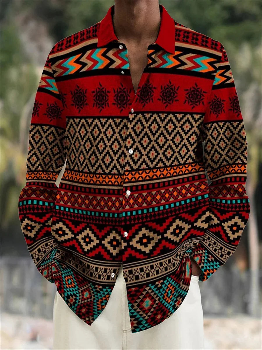 Men's Shirt Long Sleeve Lapel Loose Casual Outdoor Spring Summer High Quality Material Map Stitching Plaid 3D Printing Plus Size