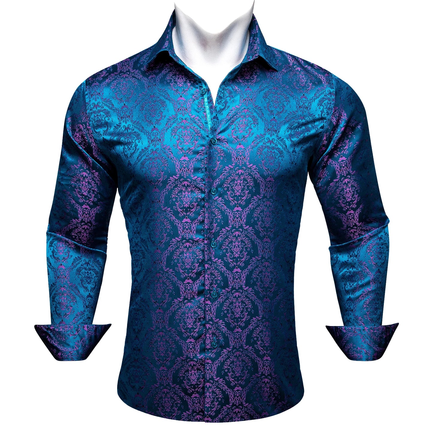 Designer Silk Shirts for Men Blue Gold Green Red White Black Paisley Embroidered Slim Fit Male Blouses Casual Long Sleeve