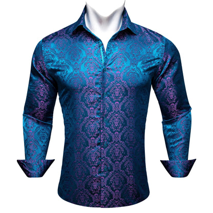 Designer Silk Shirts for Men Blue Gold Green Red White Black Paisley Embroidered Slim Fit Male Blouses Casual Long Sleeve