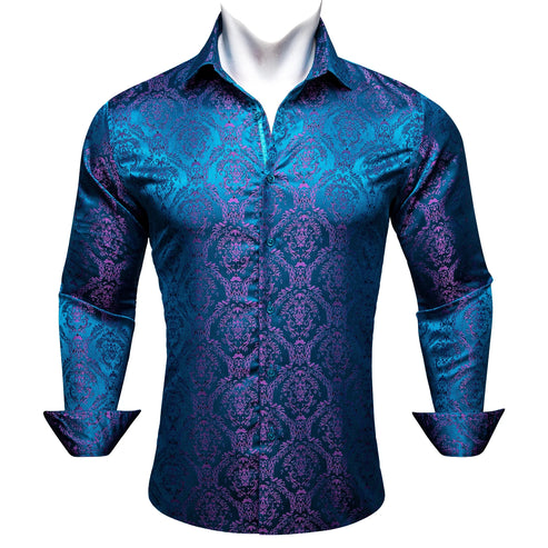 Designer Silk Shirts for Men Blue Gold Green Red White Black Paisley Embroidered Slim Fit Male Blouses Casual Long Sleeve