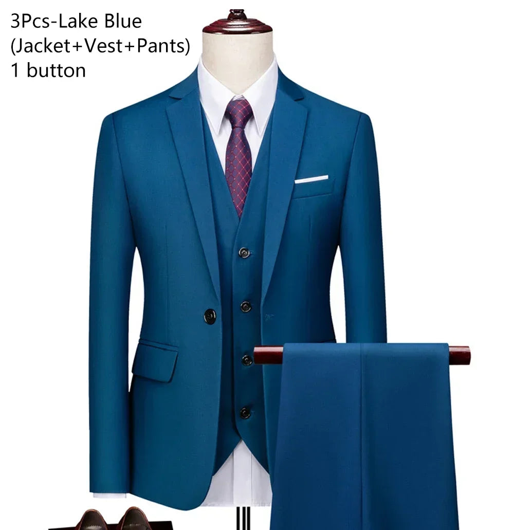 Men's 3 Piece Suit Set Solid Color for Wedding Formal Business Dress Blazer Vest Pants Classic Tuxedo Party Groomsmen