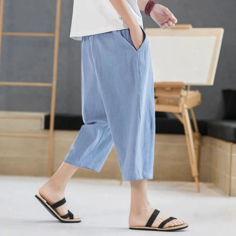 2025 New Summer Men Casual Pants Ice Silk Thin Solid Color Cropped Pants Fashion Hip Hop Street Sweatpants Male Loose Trousers