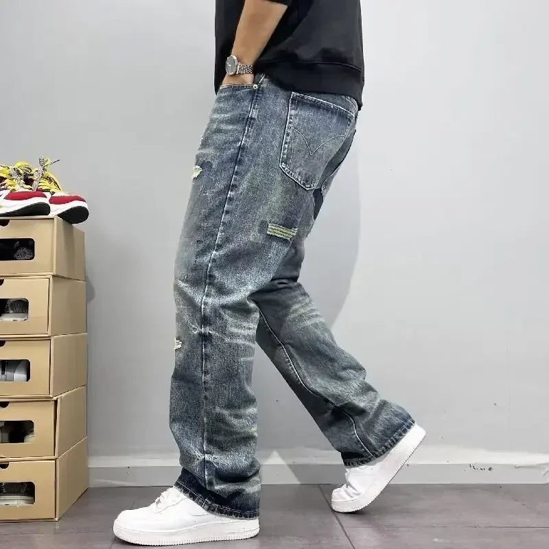 2025 Summer American Retro Loose Straight Leg Jeans for Men with Torn Holes, Patch Fabric, Versatile Long Pants in Blue