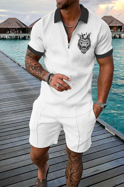 Summer Men's Luxury Polo Shirt Shorts Suit Fashion Trend Tracksuit 2 Pieces Vintage Tiger Print Outfit Set Male Casual Clothing