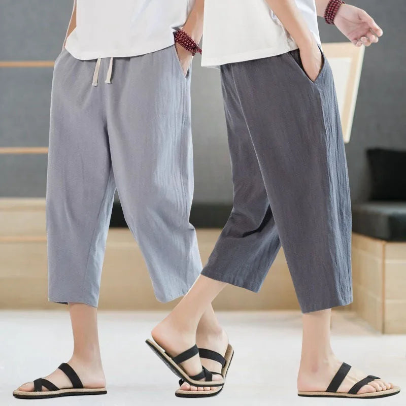2025 New Summer Men Casual Pants Ice Silk Thin Solid Color Cropped Pants Fashion Hip Hop Street Sweatpants Male Loose Trousers