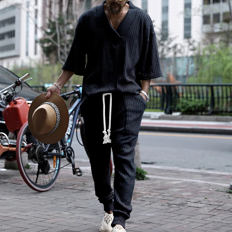 New European and American Casual Loose Three-Quarter Sleeve Jacquard Knitwear Top Plus Pants Men's Casual Personalit