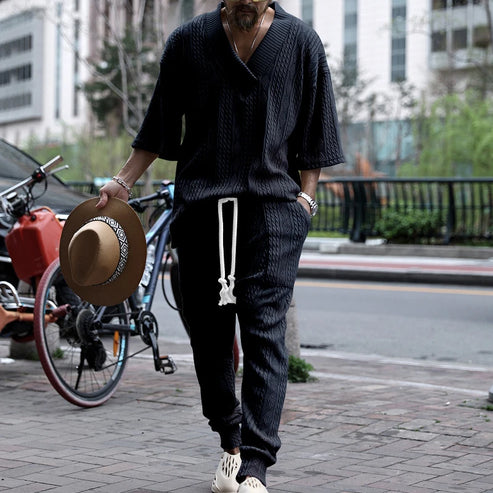 New European and American Casual Loose Three-Quarter Sleeve Jacquard Knitwear Top Plus Pants Men's Casual Personalit