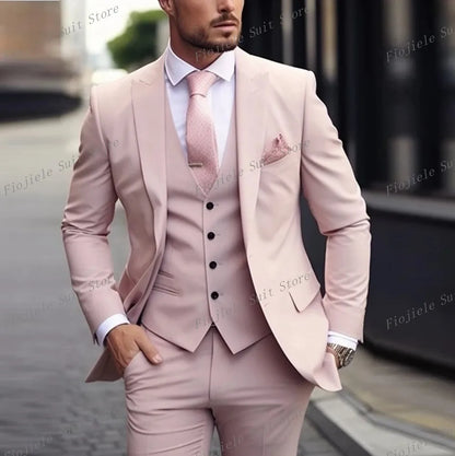 New Beige Business Suit Men Tuxedos Groom Groomsman Prom Wedding Party Formal 3 Piece Set Jacket Vest Pants