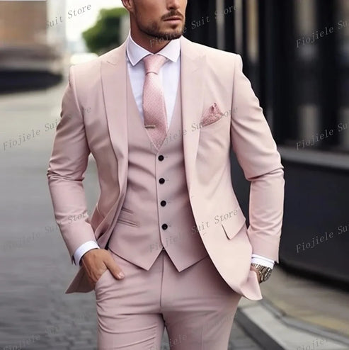 New Beige Business Suit Men Tuxedos Groom Groomsman Prom Wedding Party Formal 3 Piece Set Jacket Vest Pants