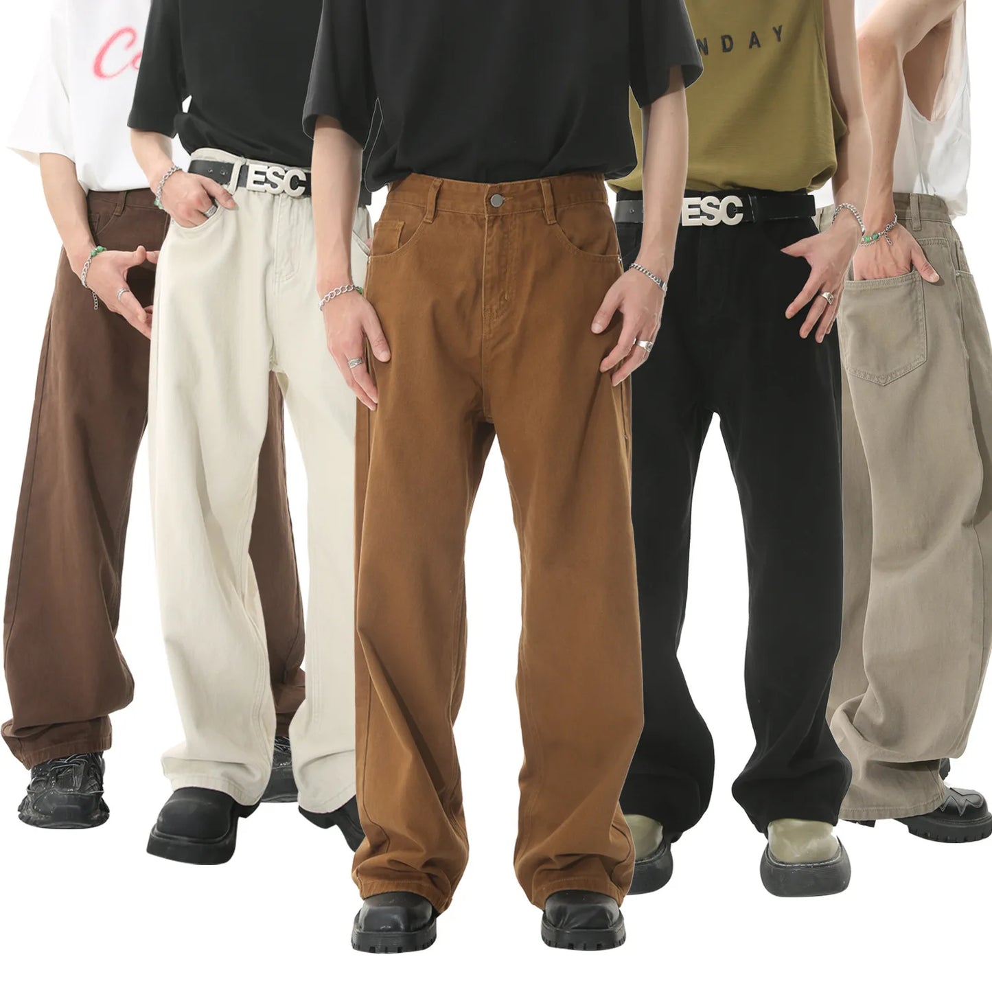 2025 Apricot black Men's Wear New Coffee Casual Denim Trousers Spring Loose Simple Vintage Wide Leg Male Jeans Korean Fashion