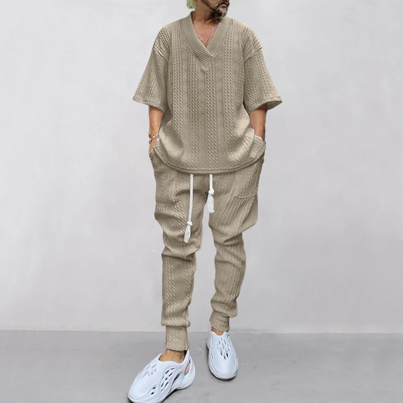 New European and American Casual Loose Three-Quarter Sleeve Jacquard Knitwear Top Plus Pants Men's Casual Personalit
